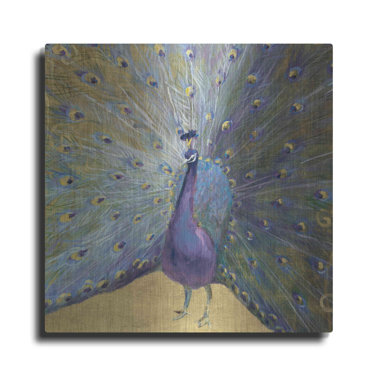 Luxe Metal Art 'Purple And Gold Peacock' by Danhui Nai, Metal Wall Art