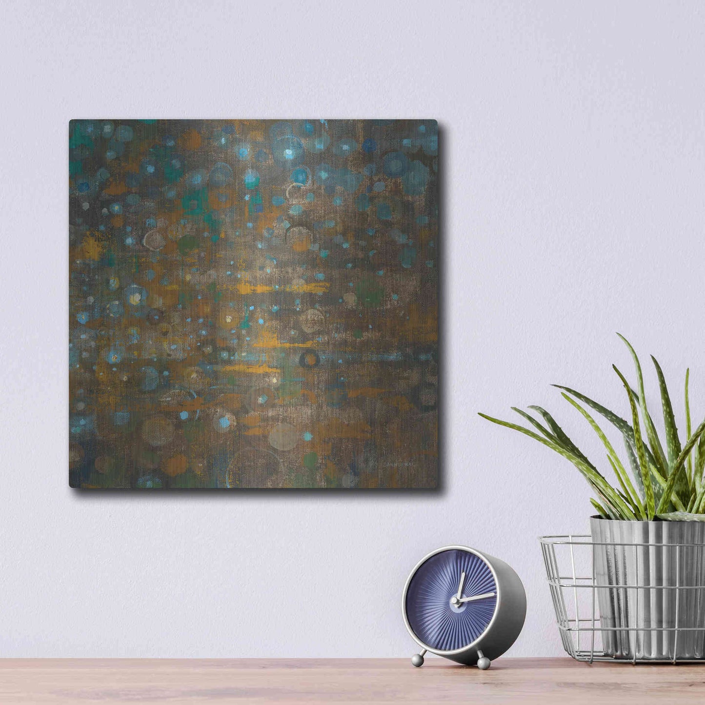 Luxe Metal Art 'Blue And Bronze Dots X' by Danhui Nai, Metal Wall Art,12x12