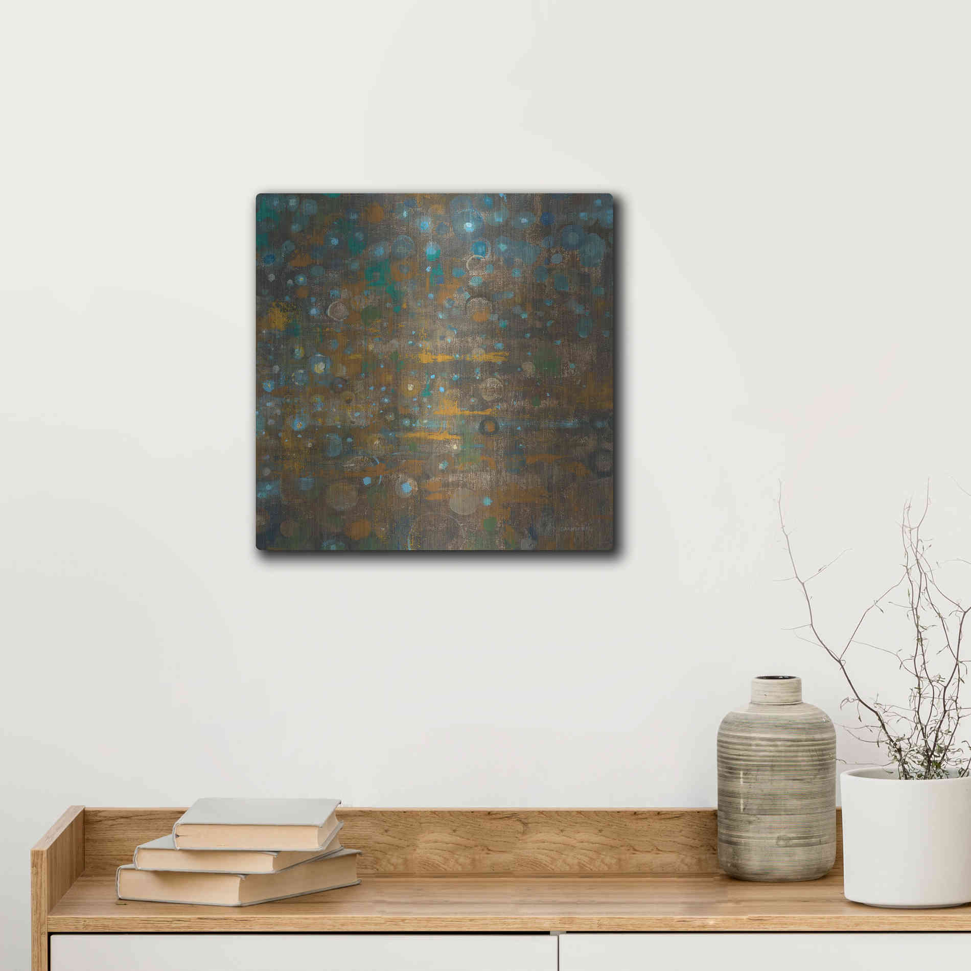 Luxe Metal Art 'Blue And Bronze Dots X' by Danhui Nai, Metal Wall Art,12x12