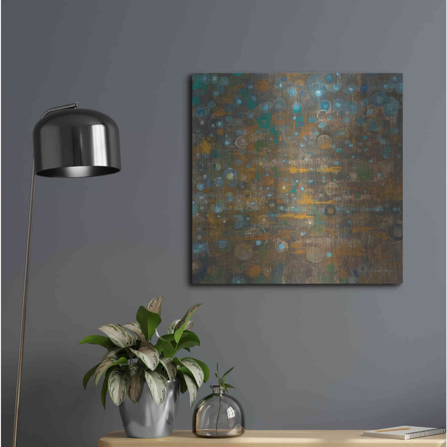 Luxe Metal Art 'Blue And Bronze Dots X' by Danhui Nai, Metal Wall Art,24x24