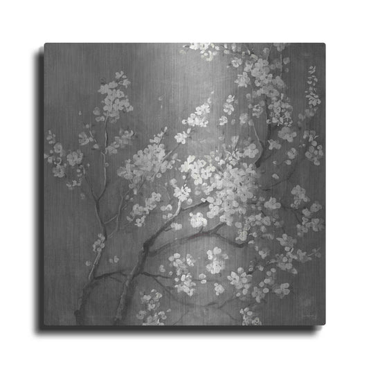 Luxe Metal Art 'White Cherry Blossom I on Grey' by Danhui Nai, Metal Wall Art