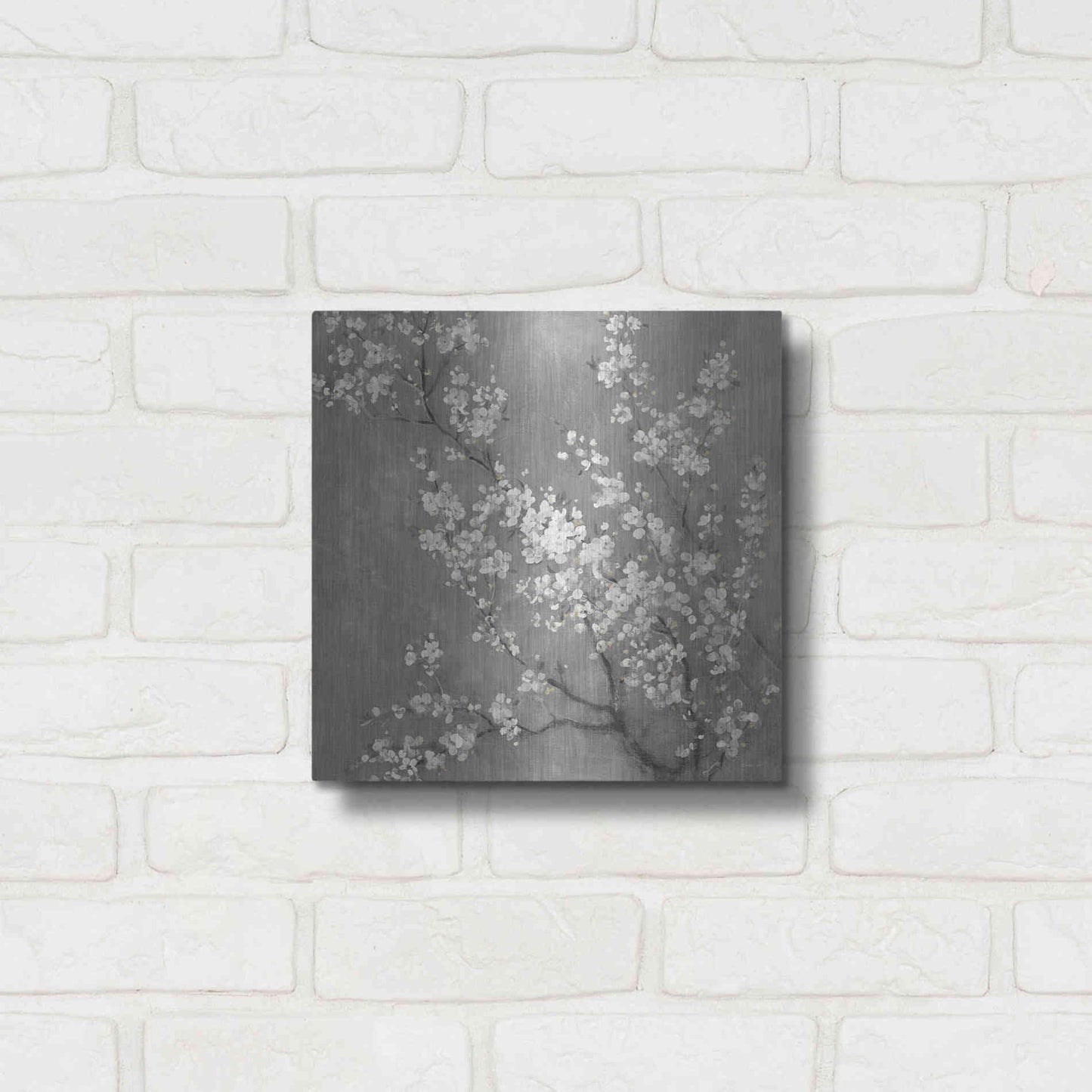 Luxe Metal Art 'White Cherry Blossom II on Grey' by Danhui Nai, Metal Wall Art,12x12