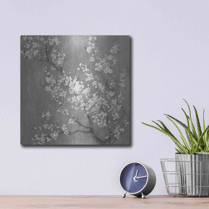 Luxe Metal Art 'White Cherry Blossom II on Grey' by Danhui Nai, Metal Wall Art,12x12