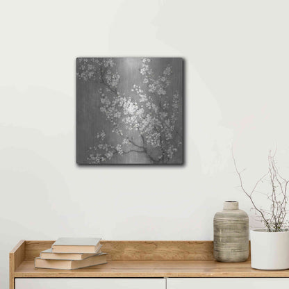 Luxe Metal Art 'White Cherry Blossom II on Grey' by Danhui Nai, Metal Wall Art,12x12