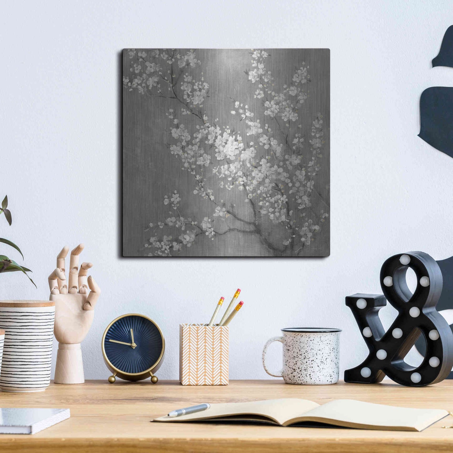 Luxe Metal Art 'White Cherry Blossom II on Grey' by Danhui Nai, Metal Wall Art,12x12