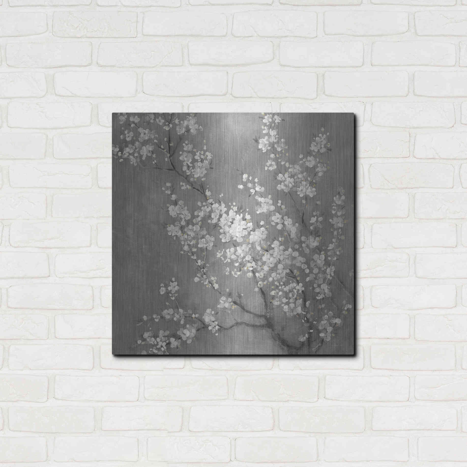 Luxe Metal Art 'White Cherry Blossom II on Grey' by Danhui Nai, Metal Wall Art,24x24