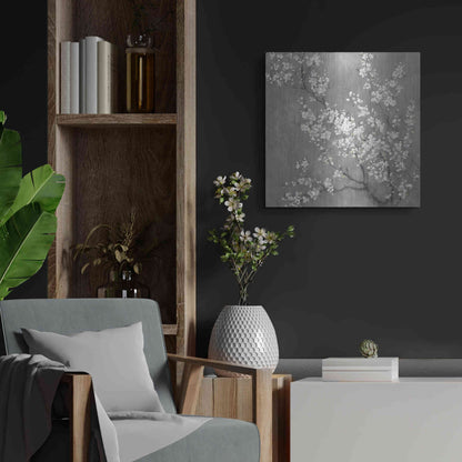 Luxe Metal Art 'White Cherry Blossom II on Grey' by Danhui Nai, Metal Wall Art,24x24