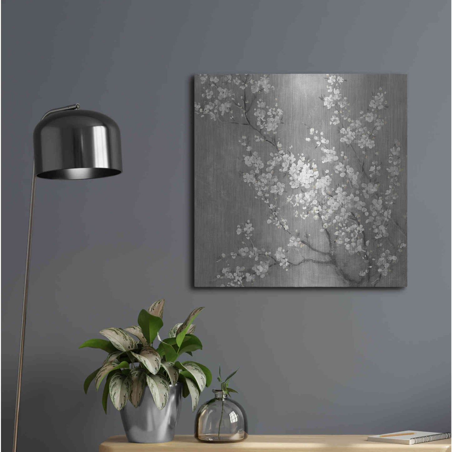 Luxe Metal Art 'White Cherry Blossom II on Grey' by Danhui Nai, Metal Wall Art,24x24