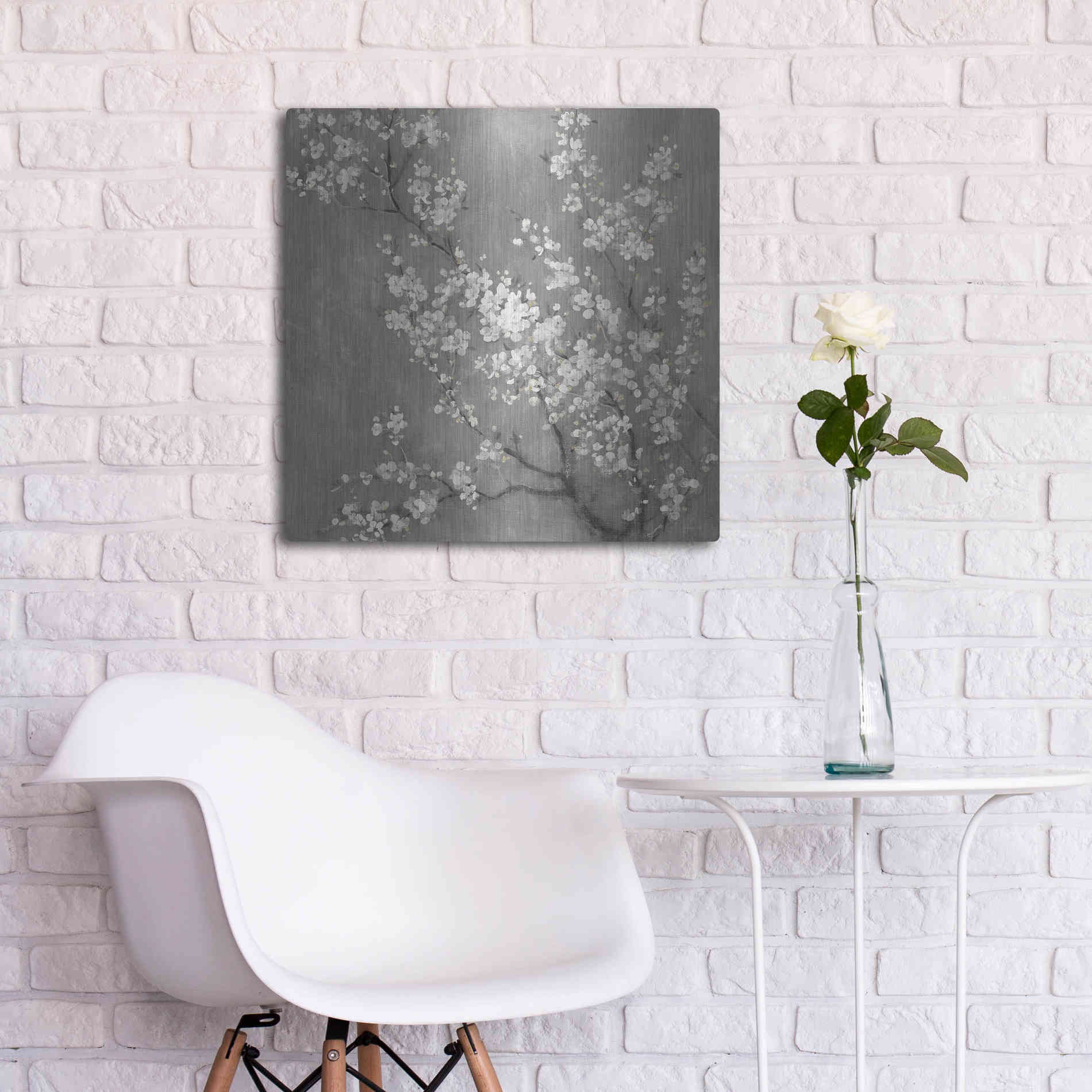 Luxe Metal Art 'White Cherry Blossom II on Grey' by Danhui Nai, Metal Wall Art,24x24