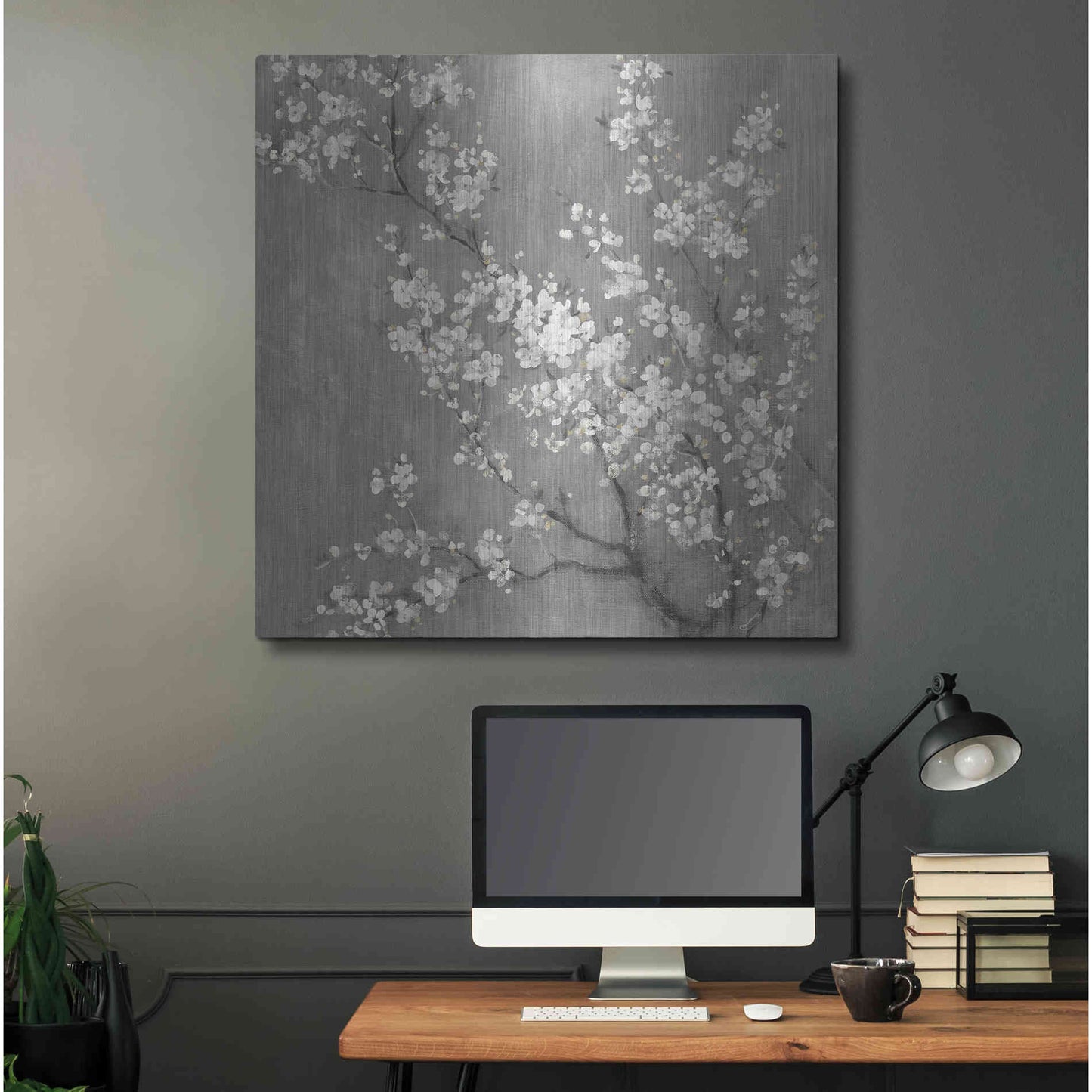 Luxe Metal Art 'White Cherry Blossom II on Grey' by Danhui Nai, Metal Wall Art,36x36