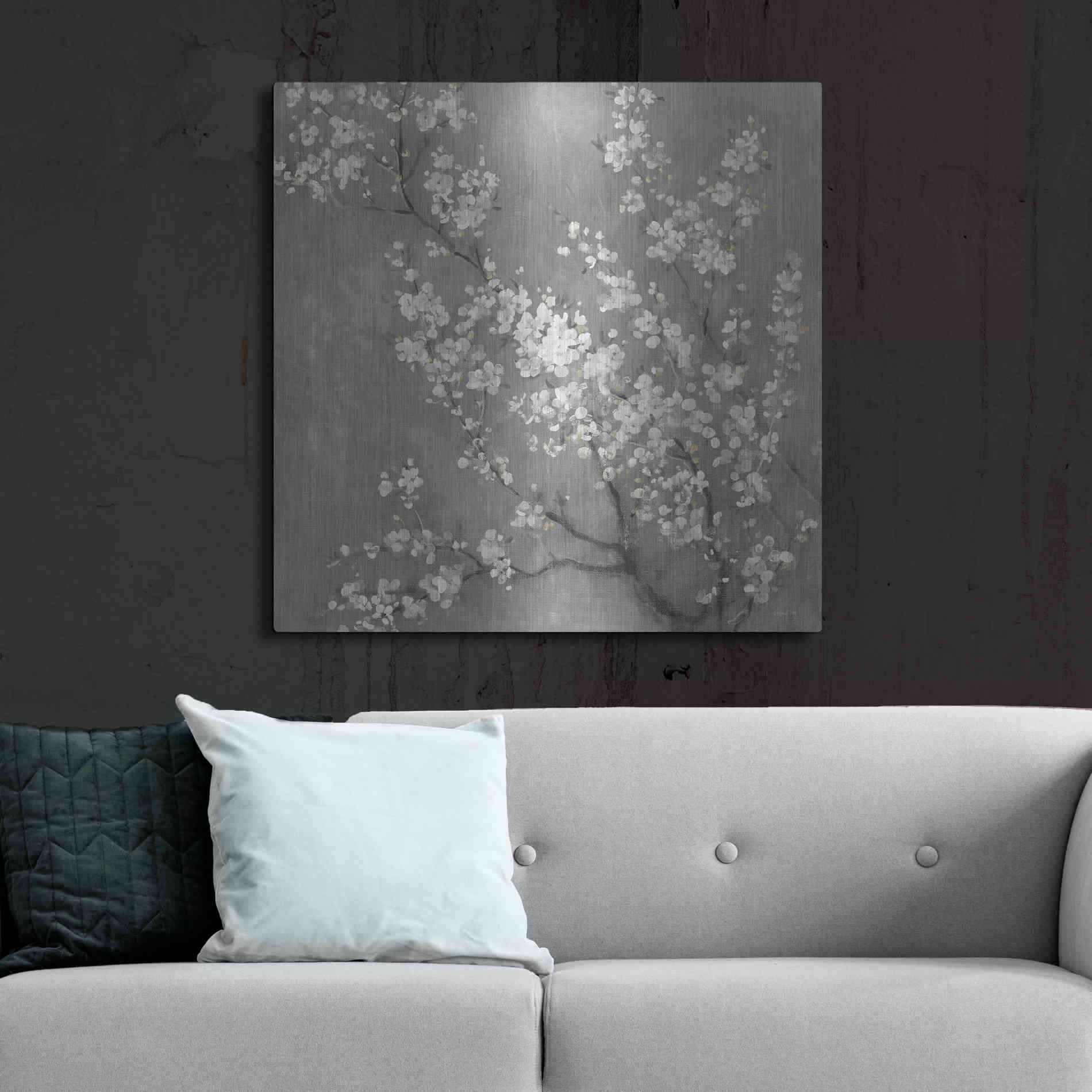 Luxe Metal Art 'White Cherry Blossom II on Grey' by Danhui Nai, Metal Wall Art,36x36