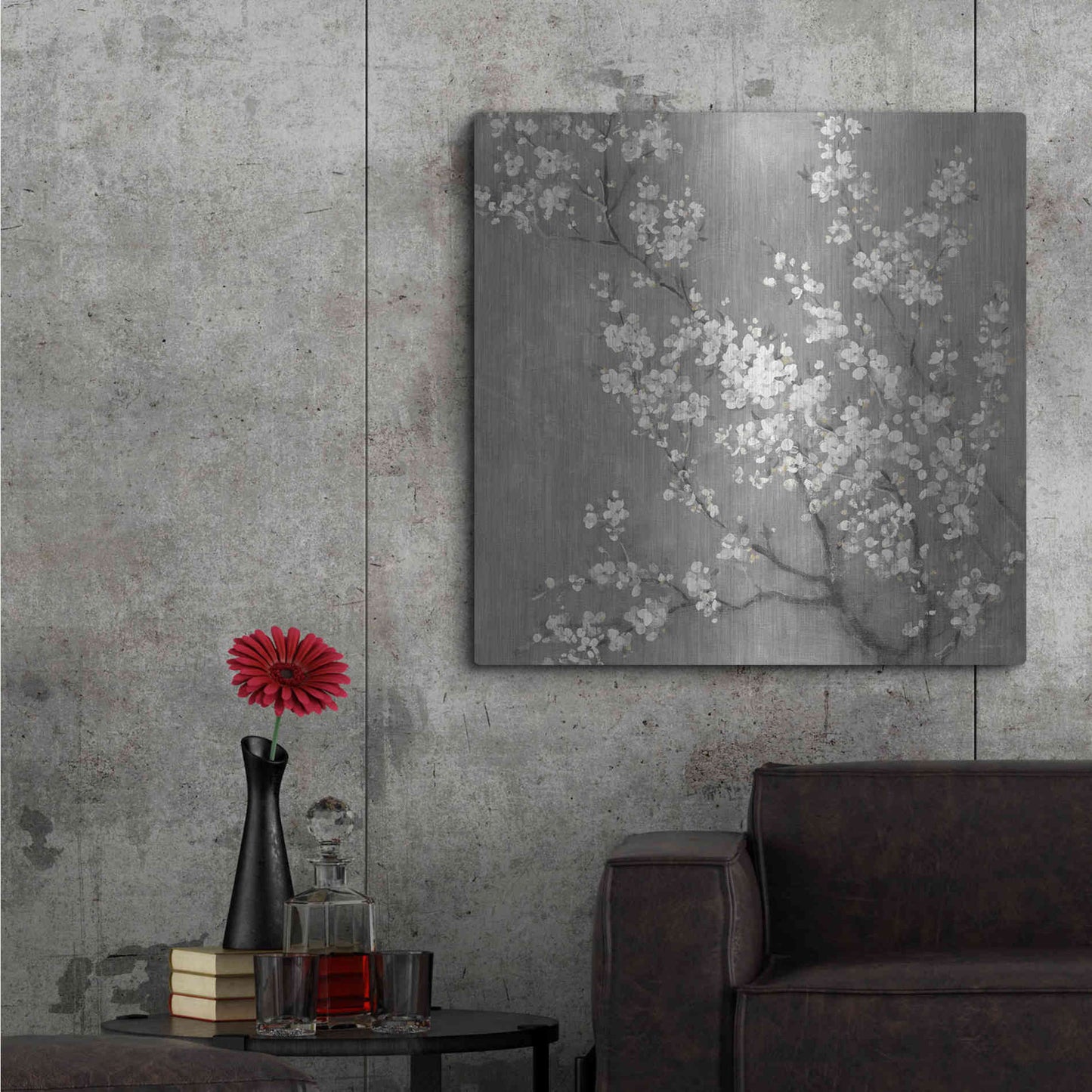 Luxe Metal Art 'White Cherry Blossom II on Grey' by Danhui Nai, Metal Wall Art,36x36