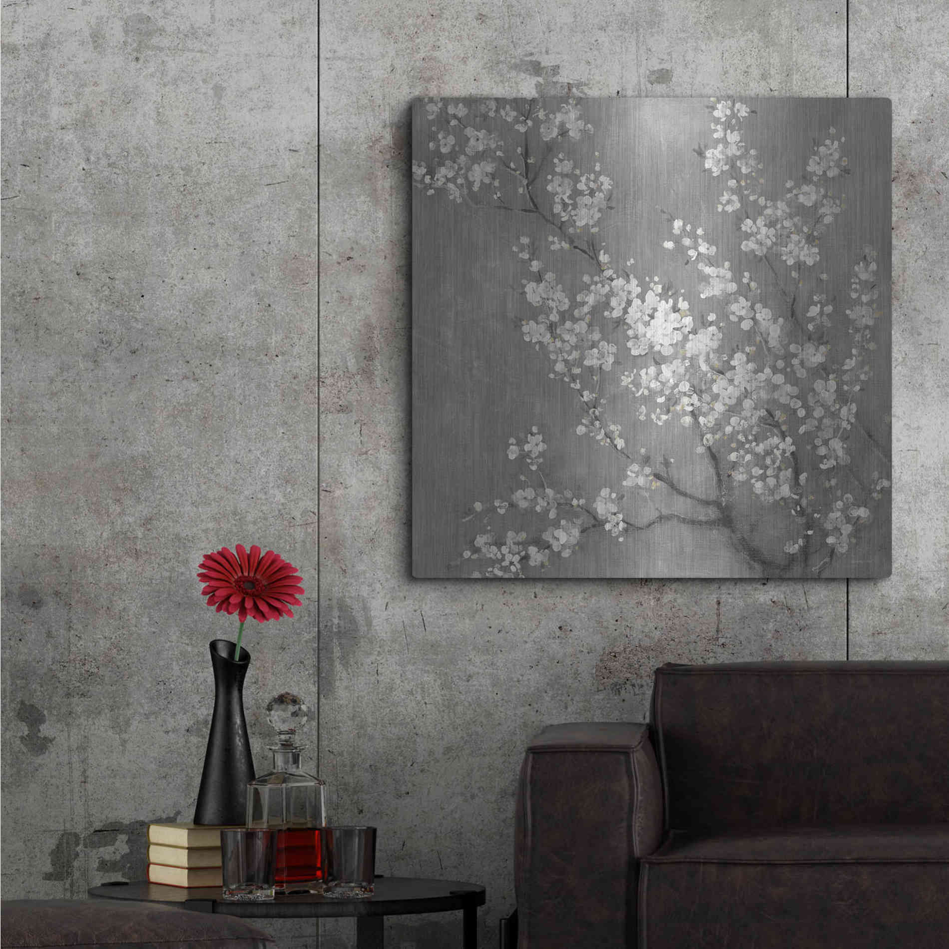 Luxe Metal Art 'White Cherry Blossom II on Grey' by Danhui Nai, Metal Wall Art,36x36