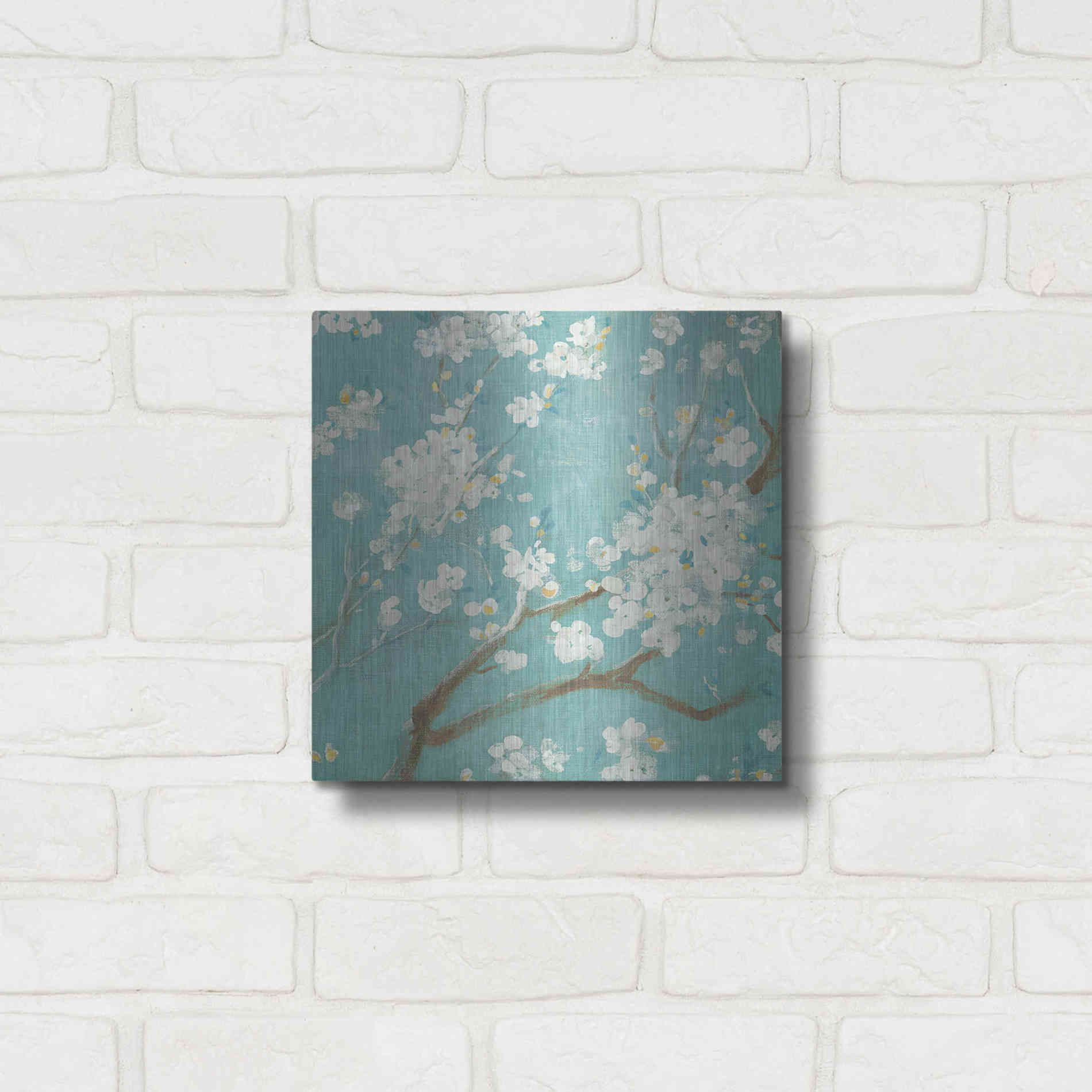 Luxe Metal Art 'White Cherry Blossom I on Blue' by Danhui Nai, Metal Wall Art,12x12