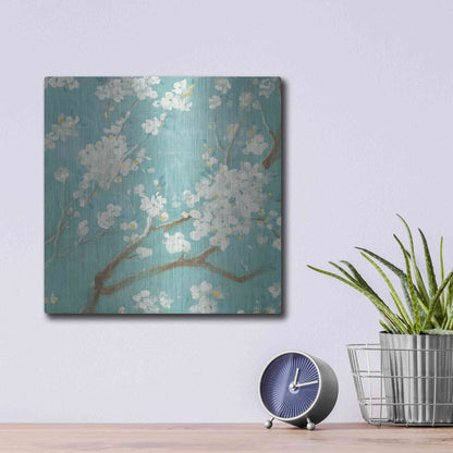 Luxe Metal Art 'White Cherry Blossom I on Blue' by Danhui Nai, Metal Wall Art,12x12