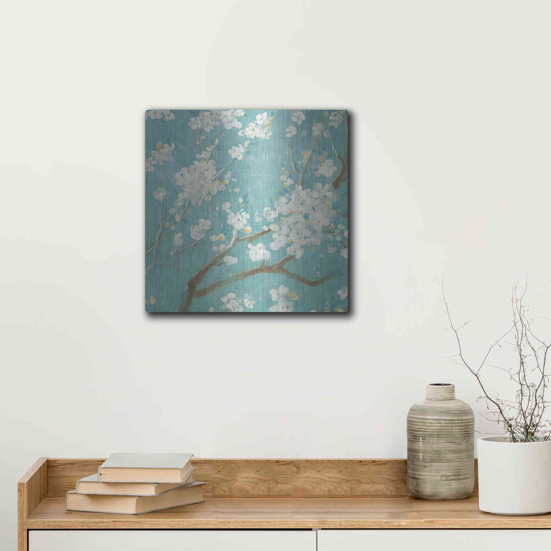 Luxe Metal Art 'White Cherry Blossom I on Blue' by Danhui Nai, Metal Wall Art,12x12