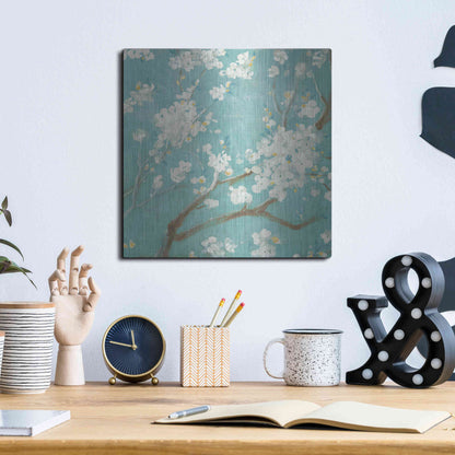 Luxe Metal Art 'White Cherry Blossom I on Blue' by Danhui Nai, Metal Wall Art,12x12