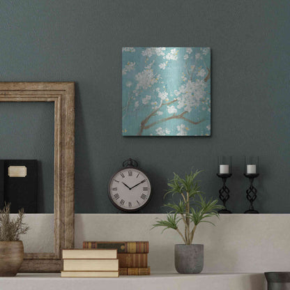 Luxe Metal Art 'White Cherry Blossom I on Blue' by Danhui Nai, Metal Wall Art,12x12