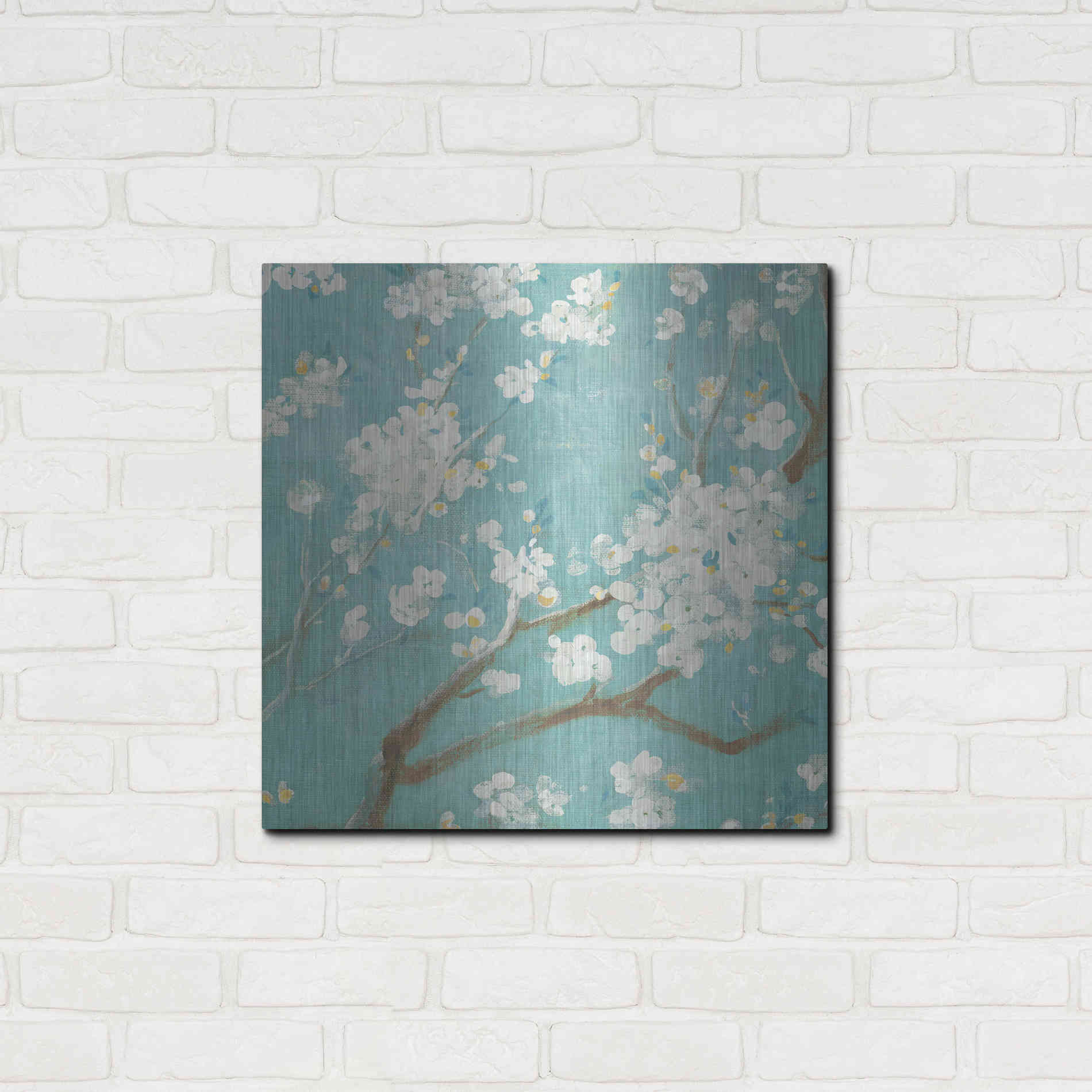 Luxe Metal Art 'White Cherry Blossom I on Blue' by Danhui Nai, Metal Wall Art,24x24