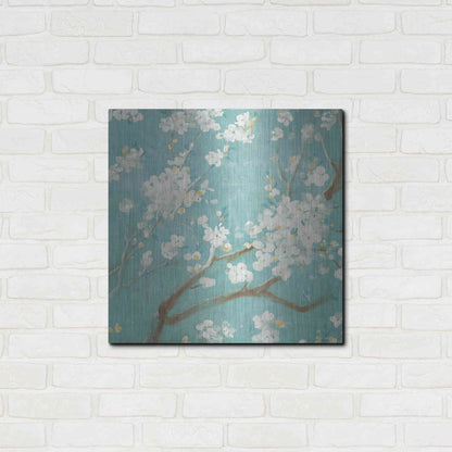 Luxe Metal Art 'White Cherry Blossom I on Blue' by Danhui Nai, Metal Wall Art,24x24