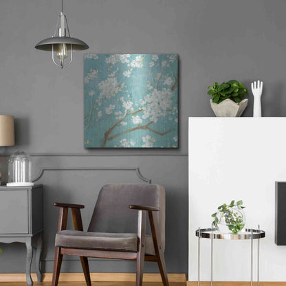 Luxe Metal Art 'White Cherry Blossom I on Blue' by Danhui Nai, Metal Wall Art,24x24