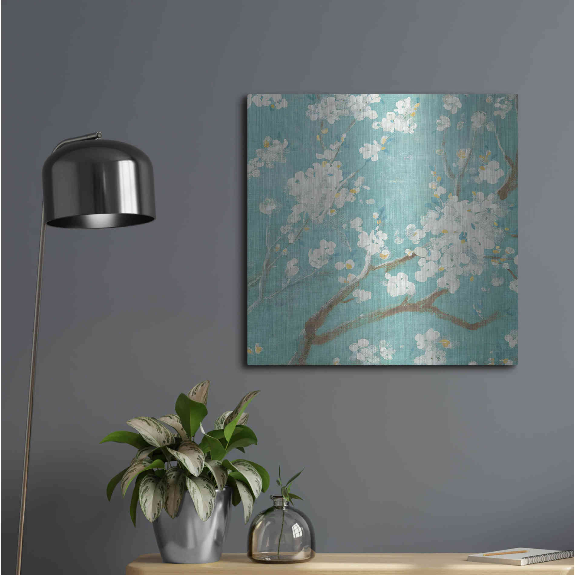 Luxe Metal Art 'White Cherry Blossom I on Blue' by Danhui Nai, Metal Wall Art,24x24