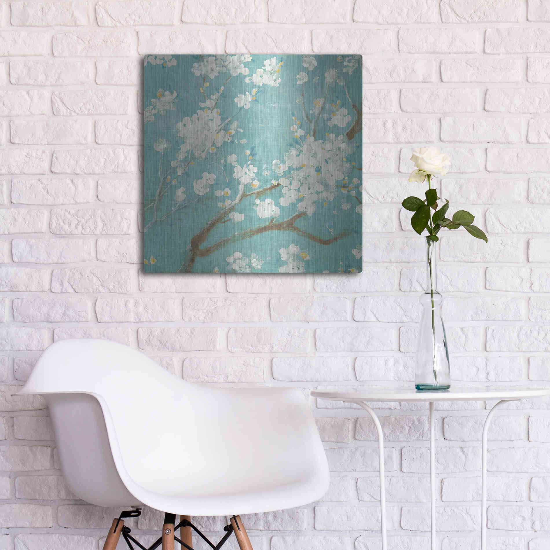 Luxe Metal Art 'White Cherry Blossom I on Blue' by Danhui Nai, Metal Wall Art,24x24