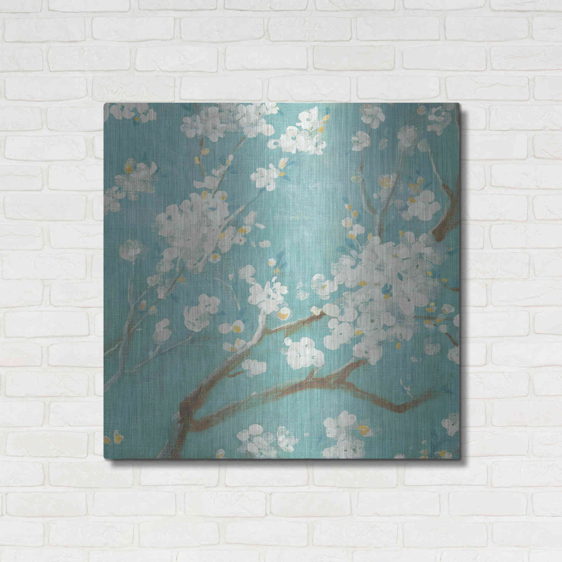 Luxe Metal Art 'White Cherry Blossom I on Blue' by Danhui Nai, Metal Wall Art,36x36