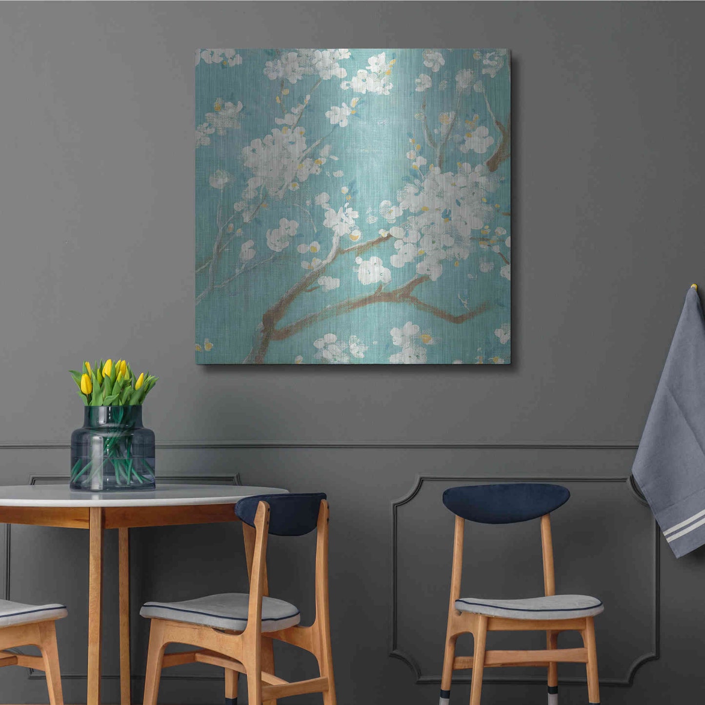 Luxe Metal Art 'White Cherry Blossom I on Blue' by Danhui Nai, Metal Wall Art,36x36