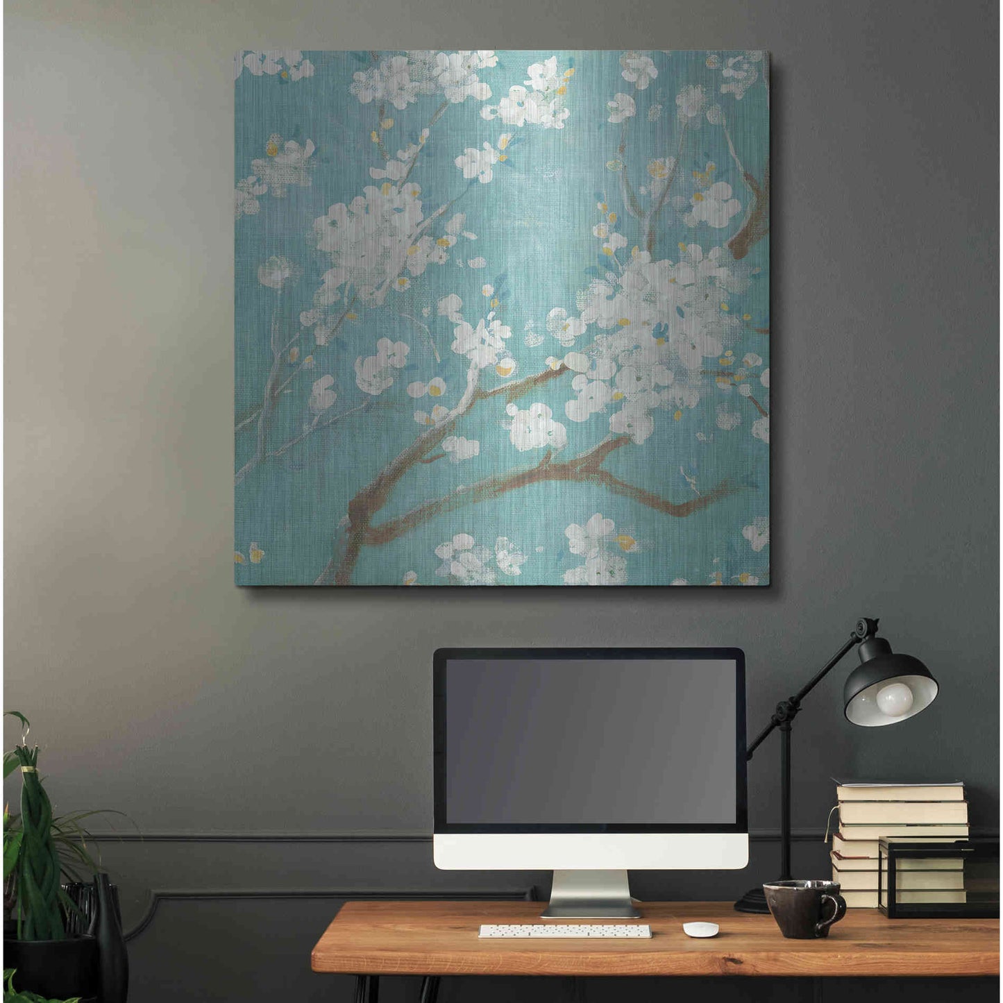 Luxe Metal Art 'White Cherry Blossom I on Blue' by Danhui Nai, Metal Wall Art,36x36