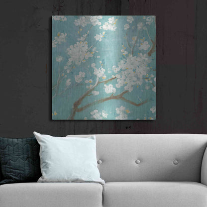 Luxe Metal Art 'White Cherry Blossom I on Blue' by Danhui Nai, Metal Wall Art,36x36