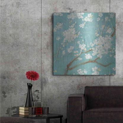 Luxe Metal Art 'White Cherry Blossom I on Blue' by Danhui Nai, Metal Wall Art,36x36