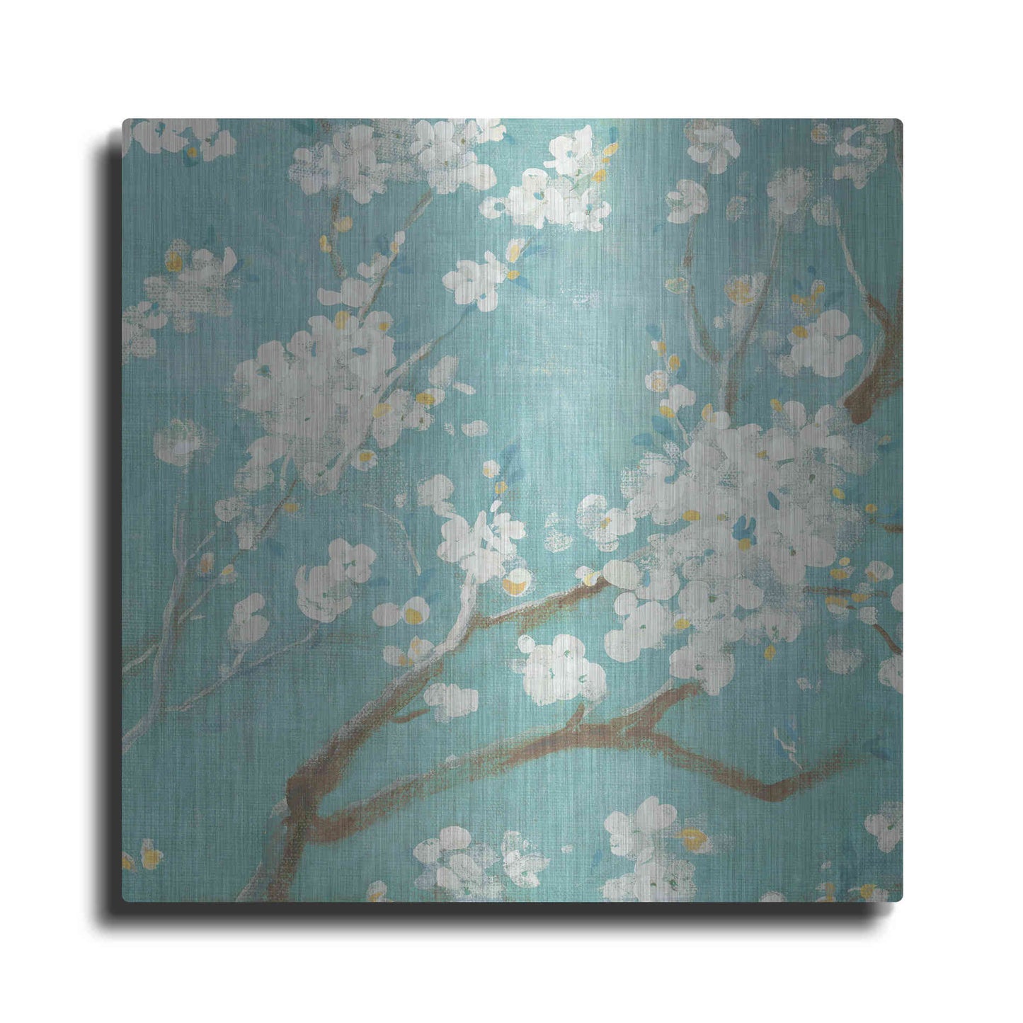 Luxe Metal Art 'White Cherry Blossom I on Blue' by Danhui Nai, Metal Wall Art