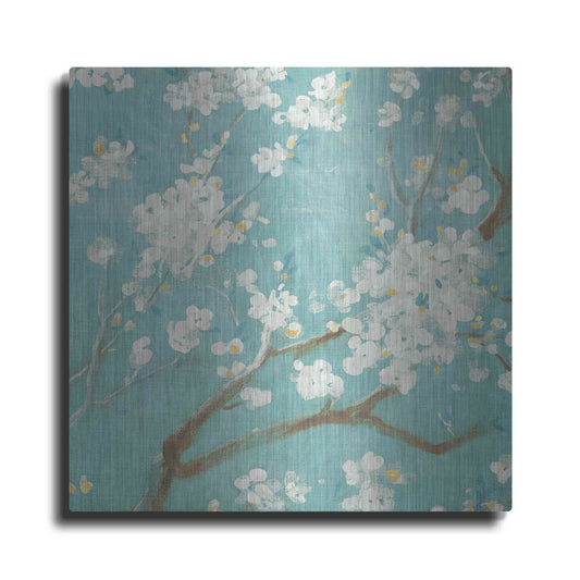 Luxe Metal Art 'White Cherry Blossom I on Blue' by Danhui Nai, Metal Wall Art