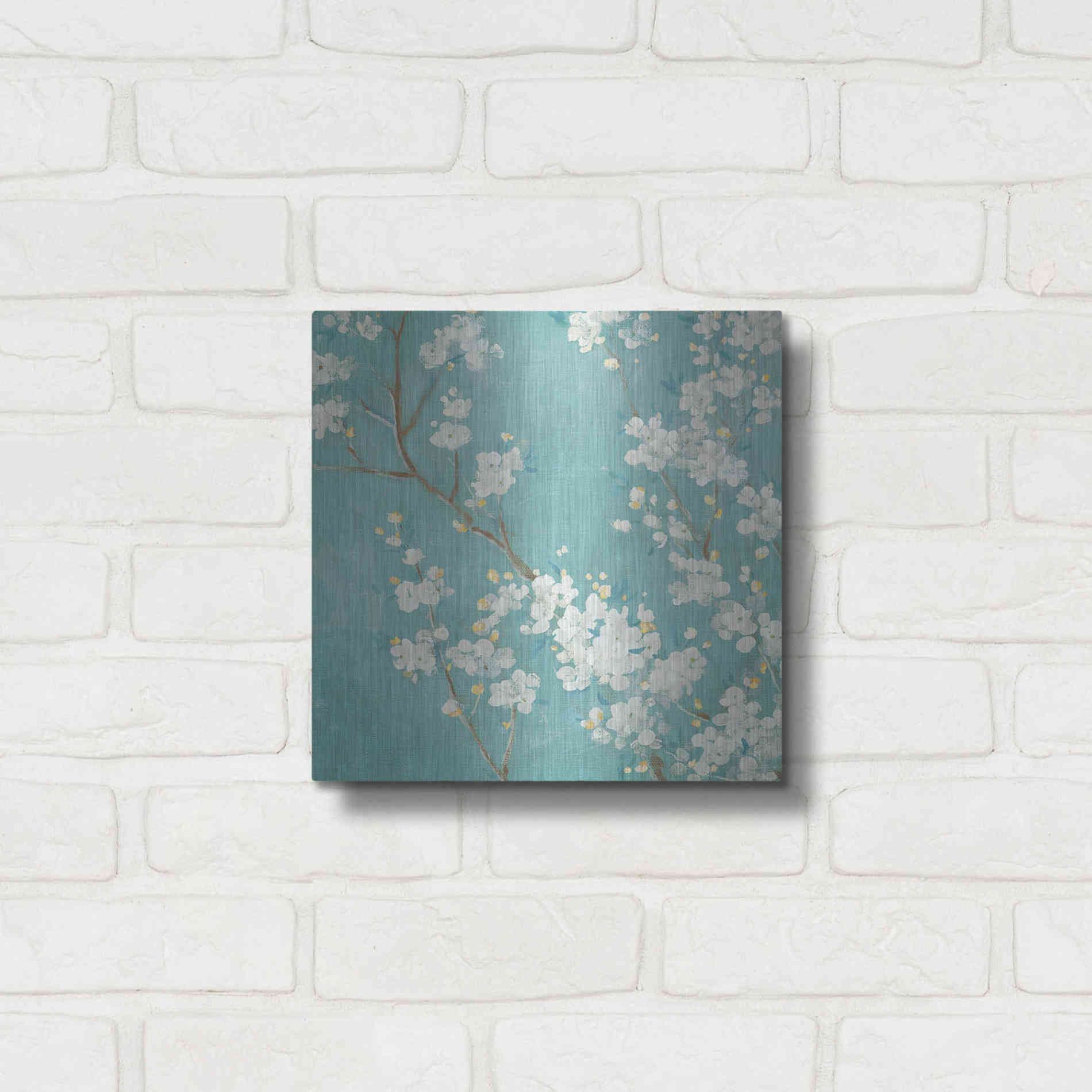 Luxe Metal Art 'White Cherry Blossom II on Blue' by Danhui Nai, Metal Wall Art,12x12