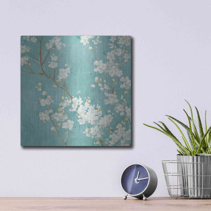 Luxe Metal Art 'White Cherry Blossom II on Blue' by Danhui Nai, Metal Wall Art,12x12