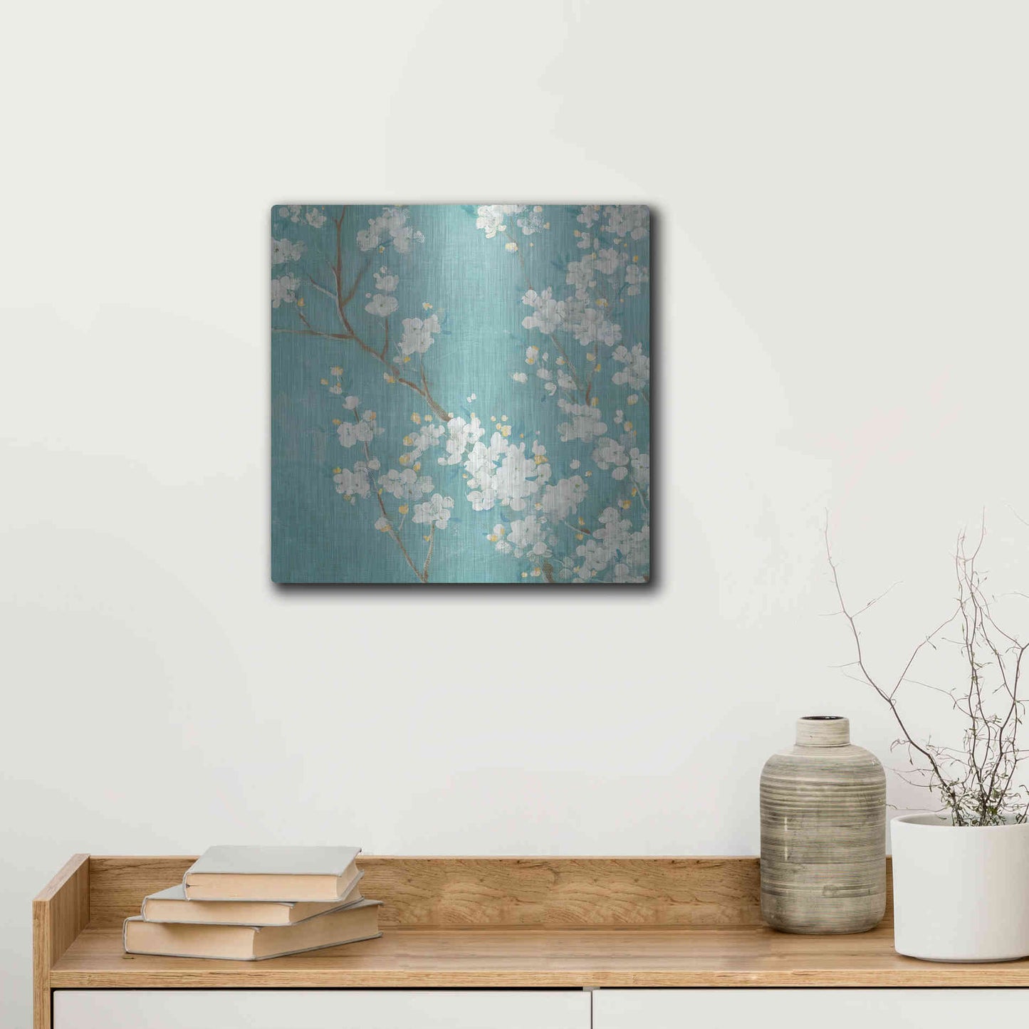 Luxe Metal Art 'White Cherry Blossom II on Blue' by Danhui Nai, Metal Wall Art,12x12