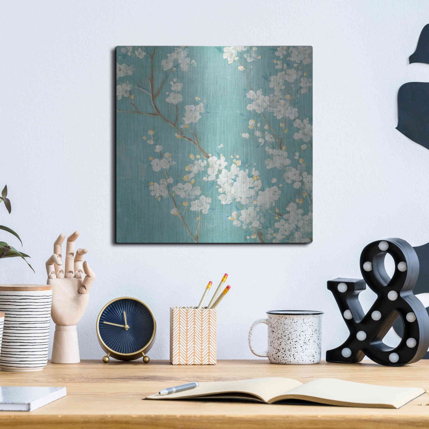 Luxe Metal Art 'White Cherry Blossom II on Blue' by Danhui Nai, Metal Wall Art,12x12