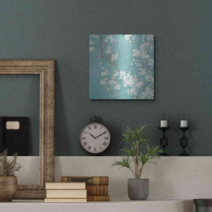 Luxe Metal Art 'White Cherry Blossom II on Blue' by Danhui Nai, Metal Wall Art,12x12