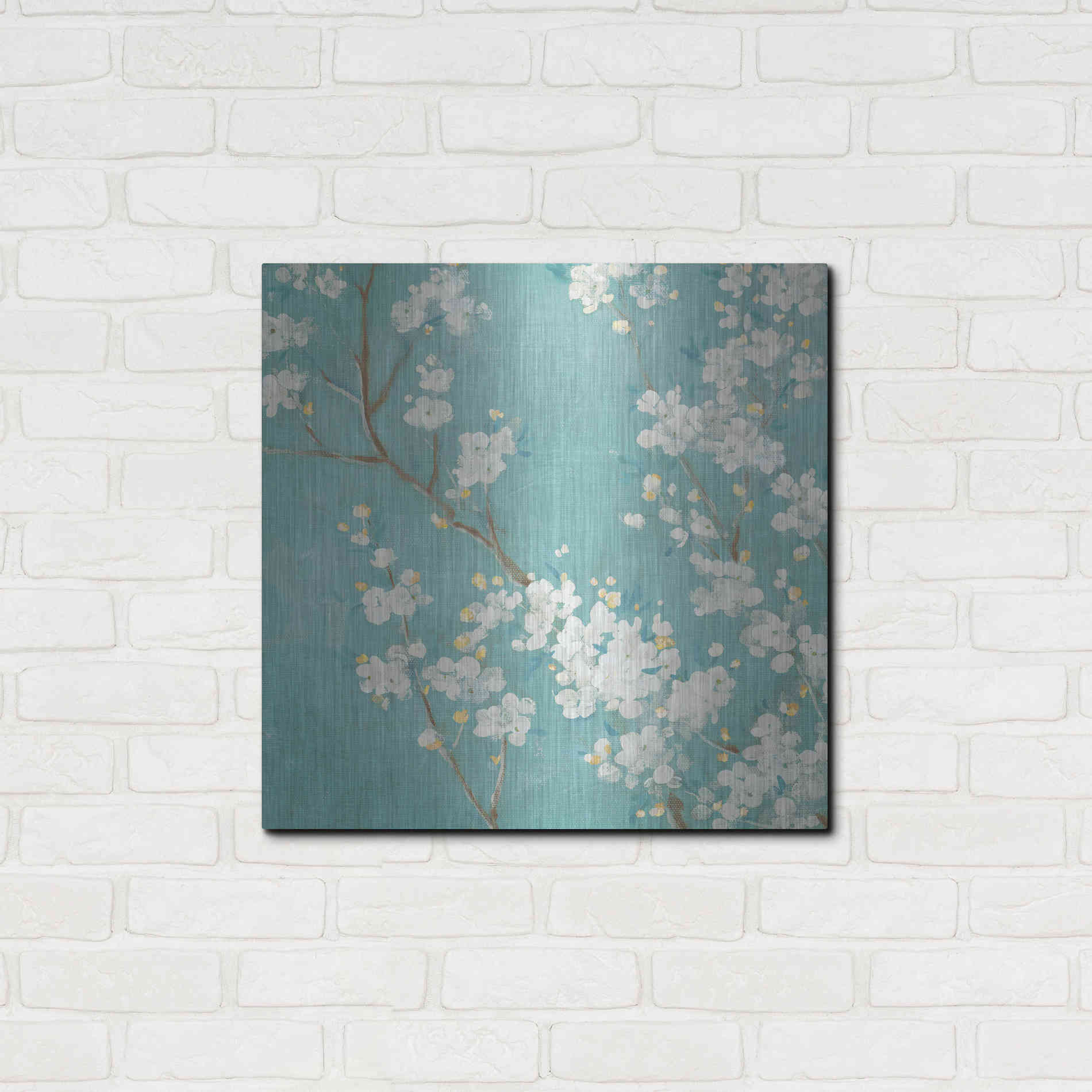 Luxe Metal Art 'White Cherry Blossom II on Blue' by Danhui Nai, Metal Wall Art,24x24