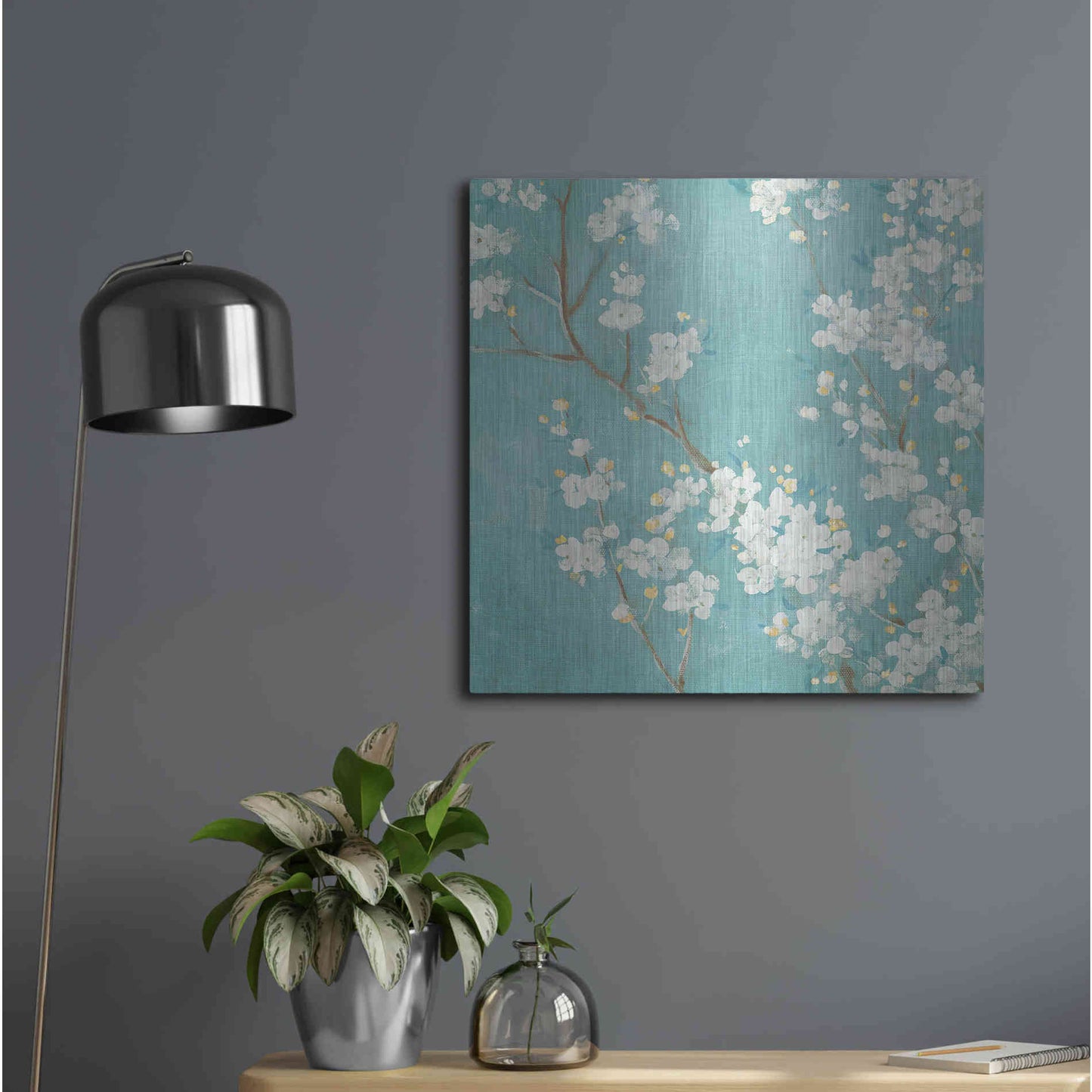 Luxe Metal Art 'White Cherry Blossom II on Blue' by Danhui Nai, Metal Wall Art,24x24