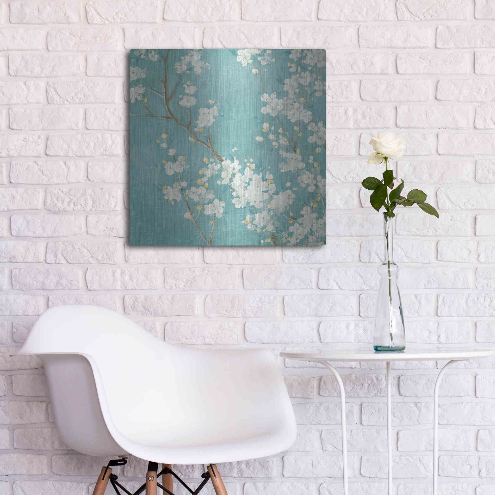 Luxe Metal Art 'White Cherry Blossom II on Blue' by Danhui Nai, Metal Wall Art,24x24