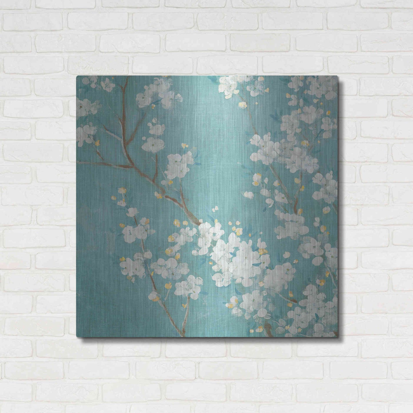 Luxe Metal Art 'White Cherry Blossom II on Blue' by Danhui Nai, Metal Wall Art,36x36