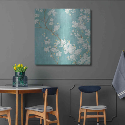 Luxe Metal Art 'White Cherry Blossom II on Blue' by Danhui Nai, Metal Wall Art,36x36