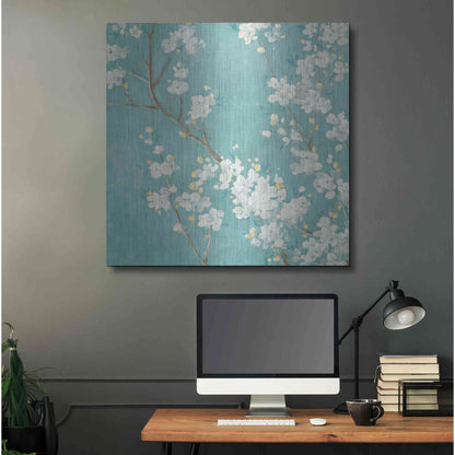 Luxe Metal Art 'White Cherry Blossom II on Blue' by Danhui Nai, Metal Wall Art,36x36