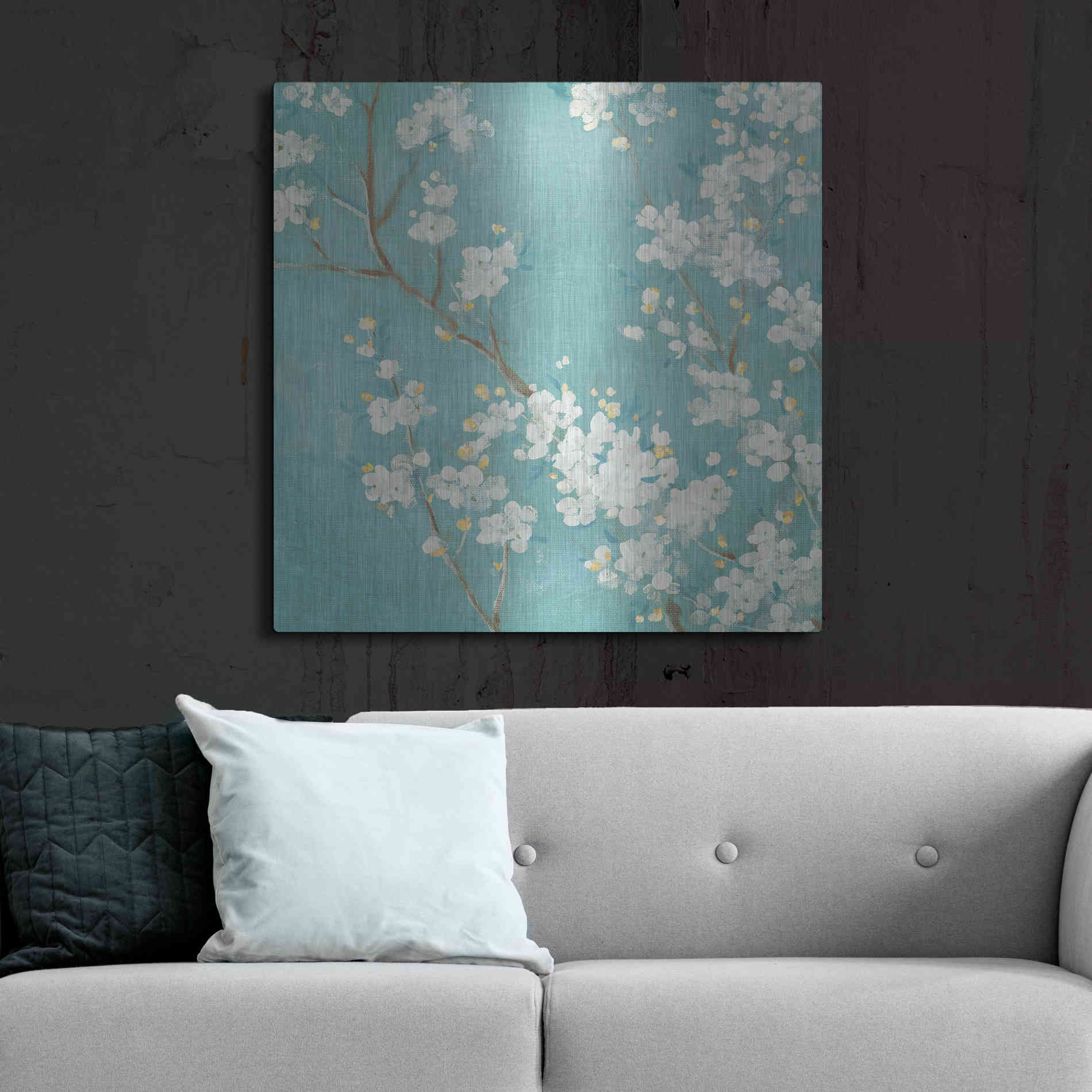 Luxe Metal Art 'White Cherry Blossom II on Blue' by Danhui Nai, Metal Wall Art,36x36