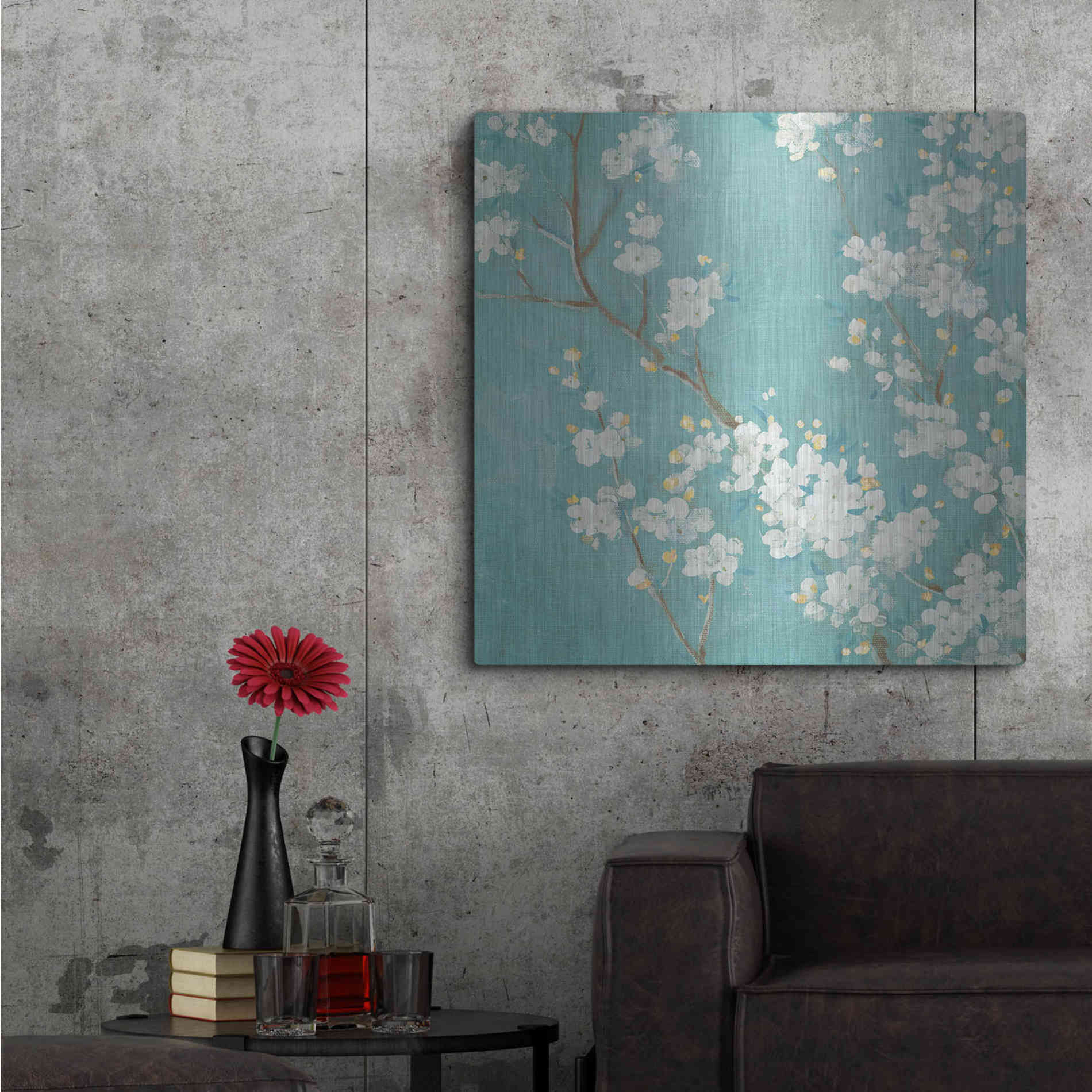 Luxe Metal Art 'White Cherry Blossom II on Blue' by Danhui Nai, Metal Wall Art,36x36