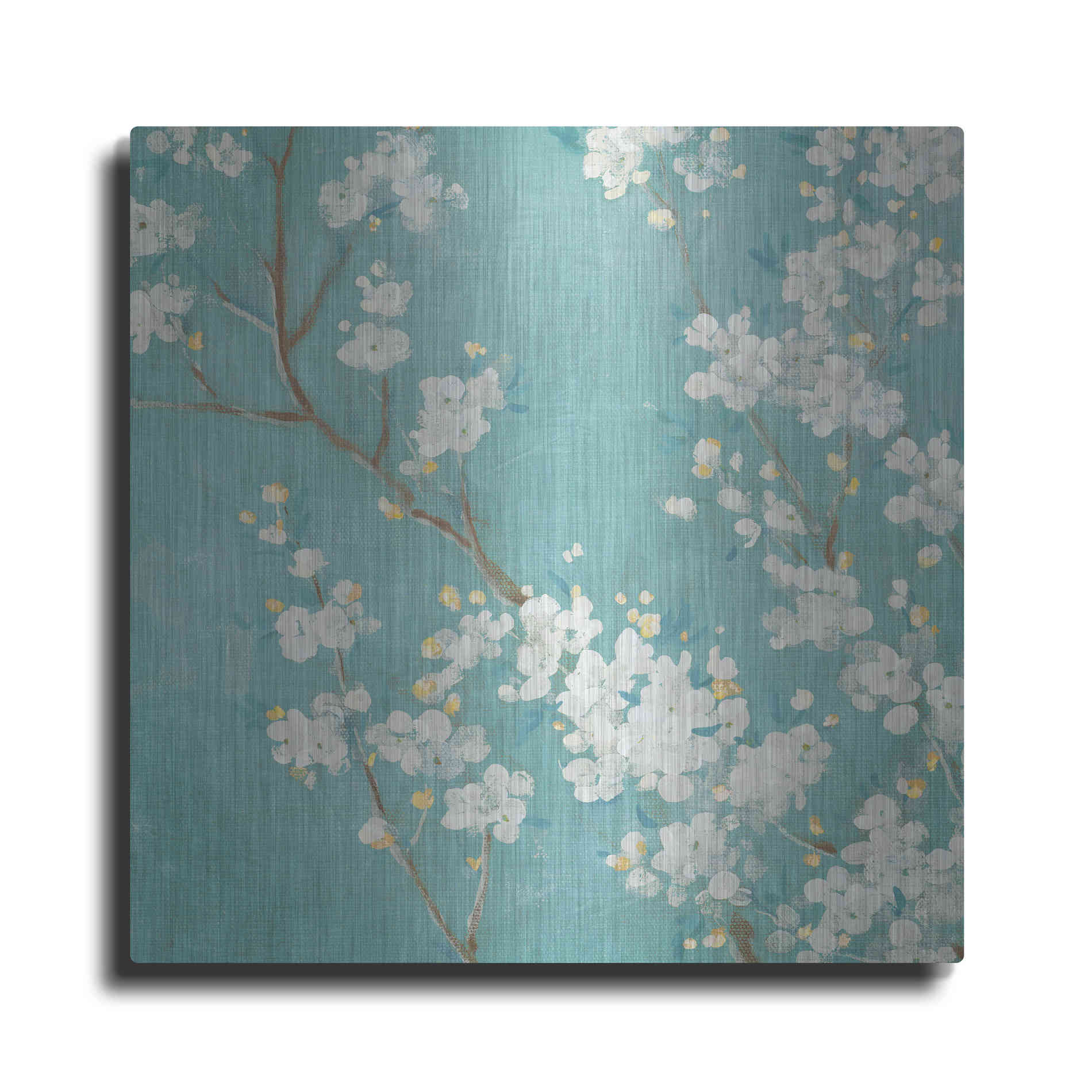 Luxe Metal Art 'White Cherry Blossom II on Blue' by Danhui Nai, Metal Wall Art